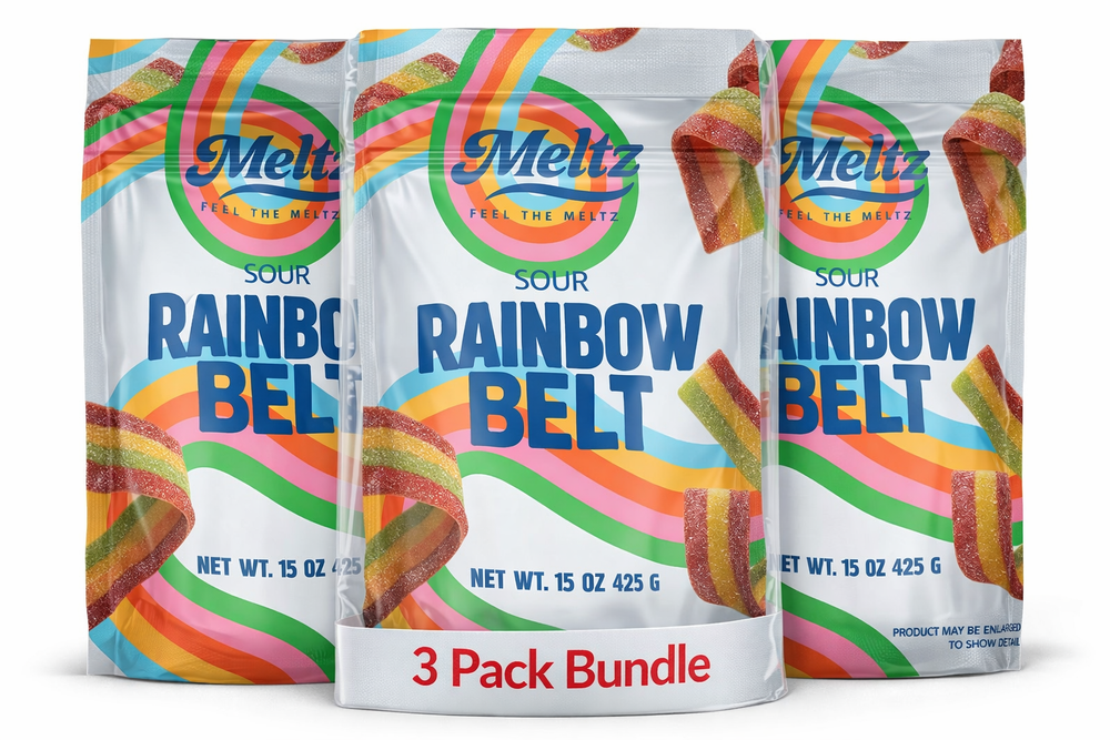 3 pack Meltz Gummies Sour Rainbow Belts, 15oz, Swedish Style, Juicy Gummy, 3lbs