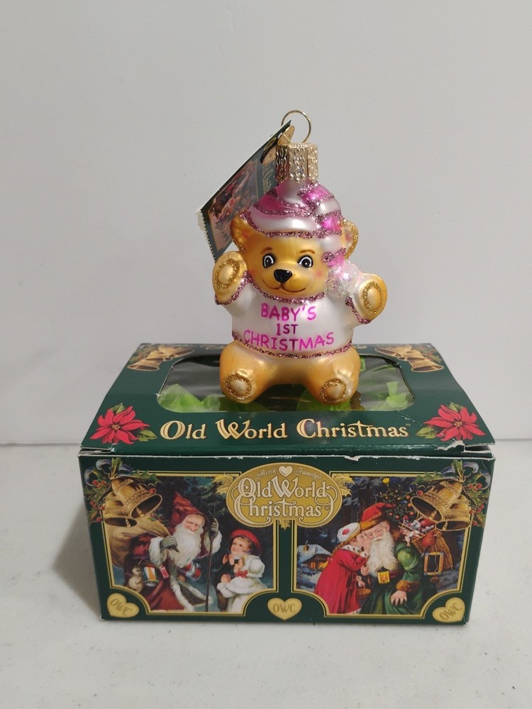 Vintage Old World Christmas Glass Ornament Baby Girl's First Teddy Bear With Box