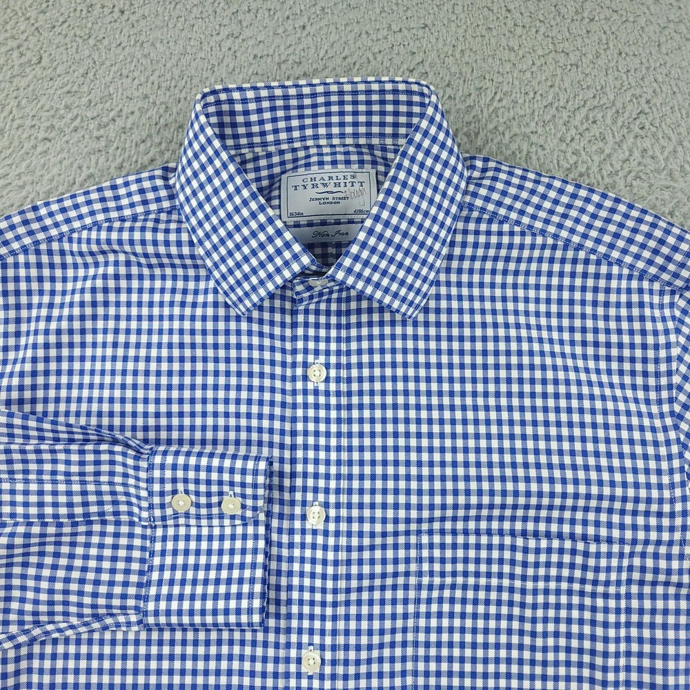 Charles Tyrwhitt Dress Shirt Men 16 Blue Gingham Non Iron Pocket Business Office