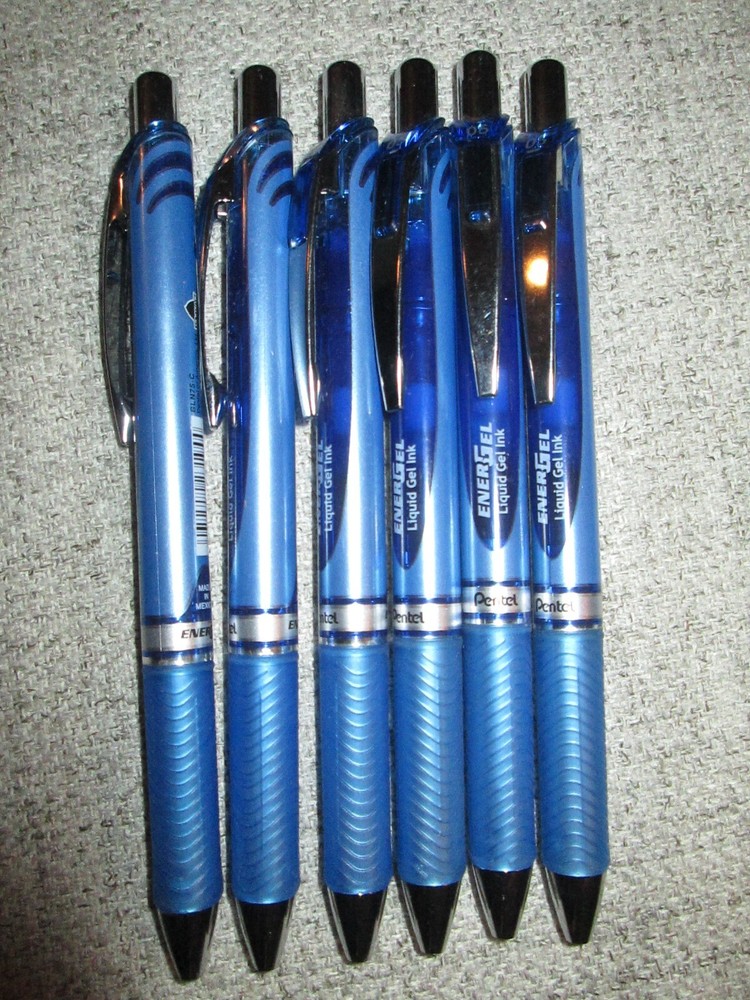 6 Pentel EnerGel RTX Retractable Liquid Gel Pen .5mm Silver/Blue Barrel Blue Ink