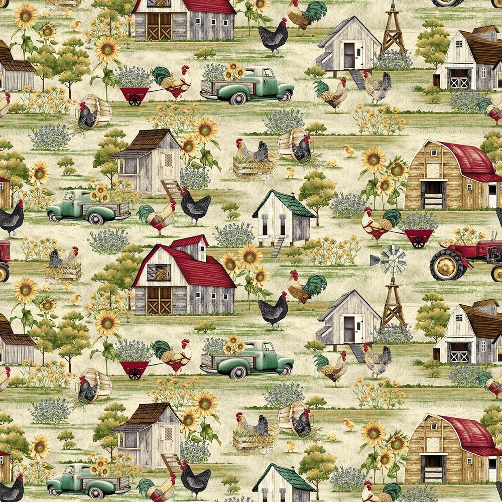 Chicken Shack Coop Farm Scenic Beige Animal Fabric by Henry Glass YARD