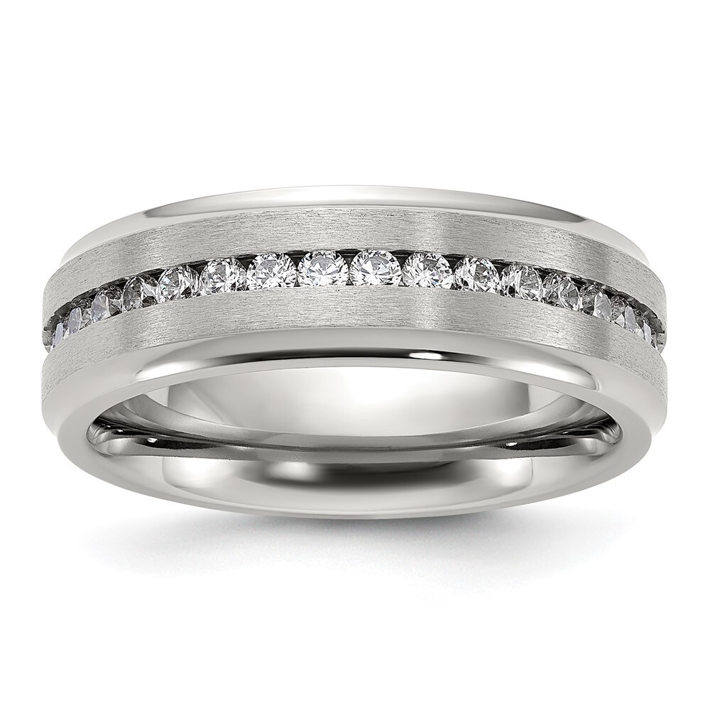 Titanium Polished with Brushed Center and Cubic Zirconia 7mm Band Ring Size 12