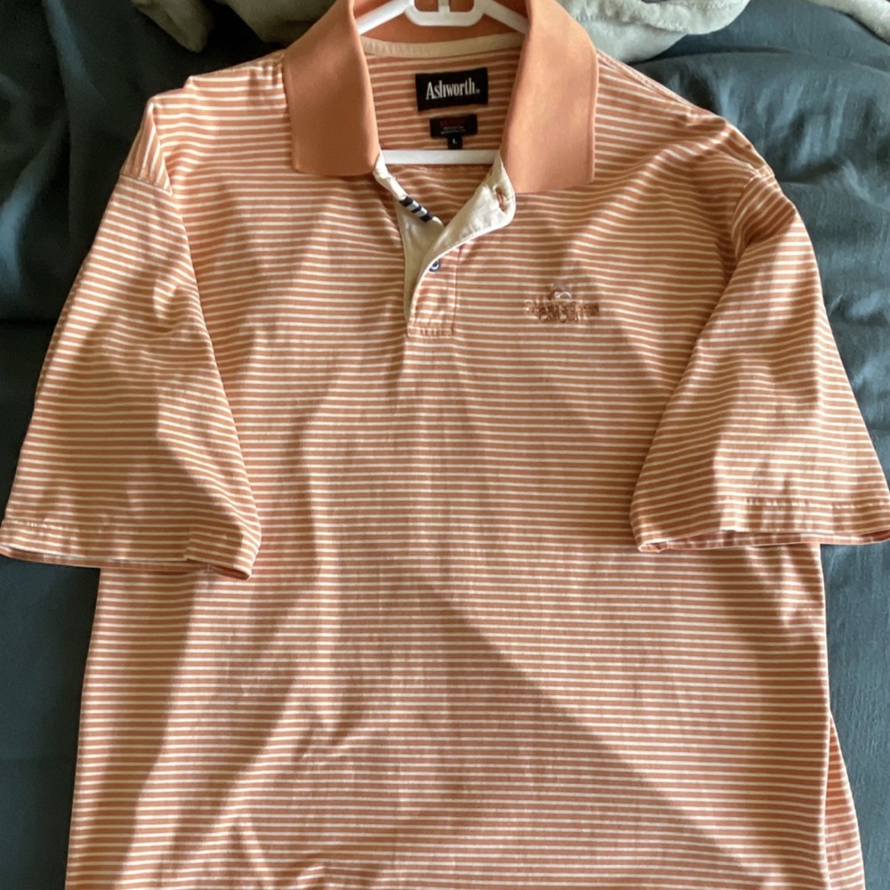Ashworth EZ TECH Men's Peach White Striped 100% Cotton Golf Polo Shirt L