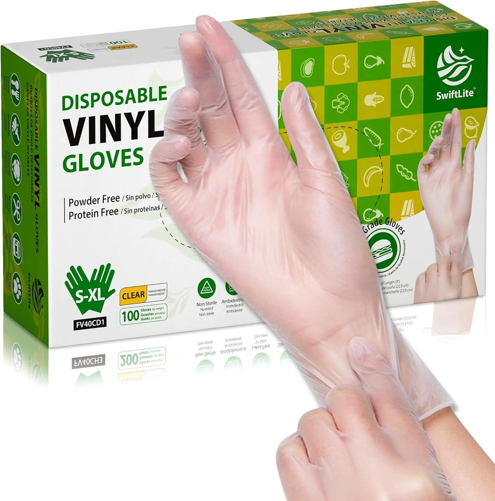 Disposable Vinyl Gloves, Food Safe, Latex-Free Powder-Free Clear Large