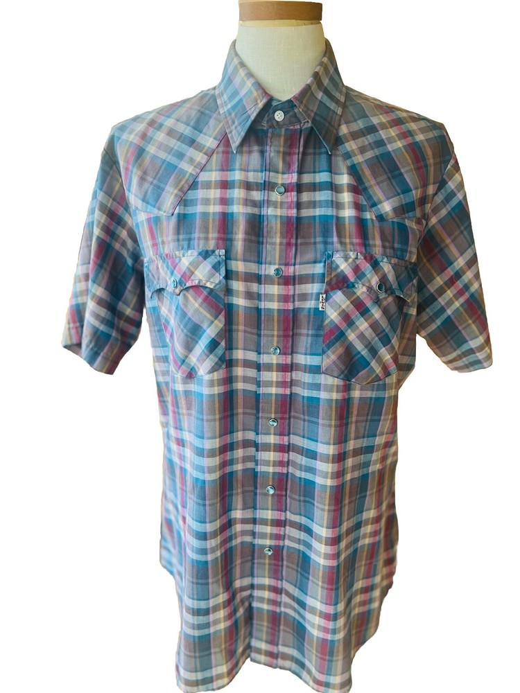 Vintage Levis Shirt Adult S Plaid Short Sleeve Pearl Snap Button Up Mens Western
