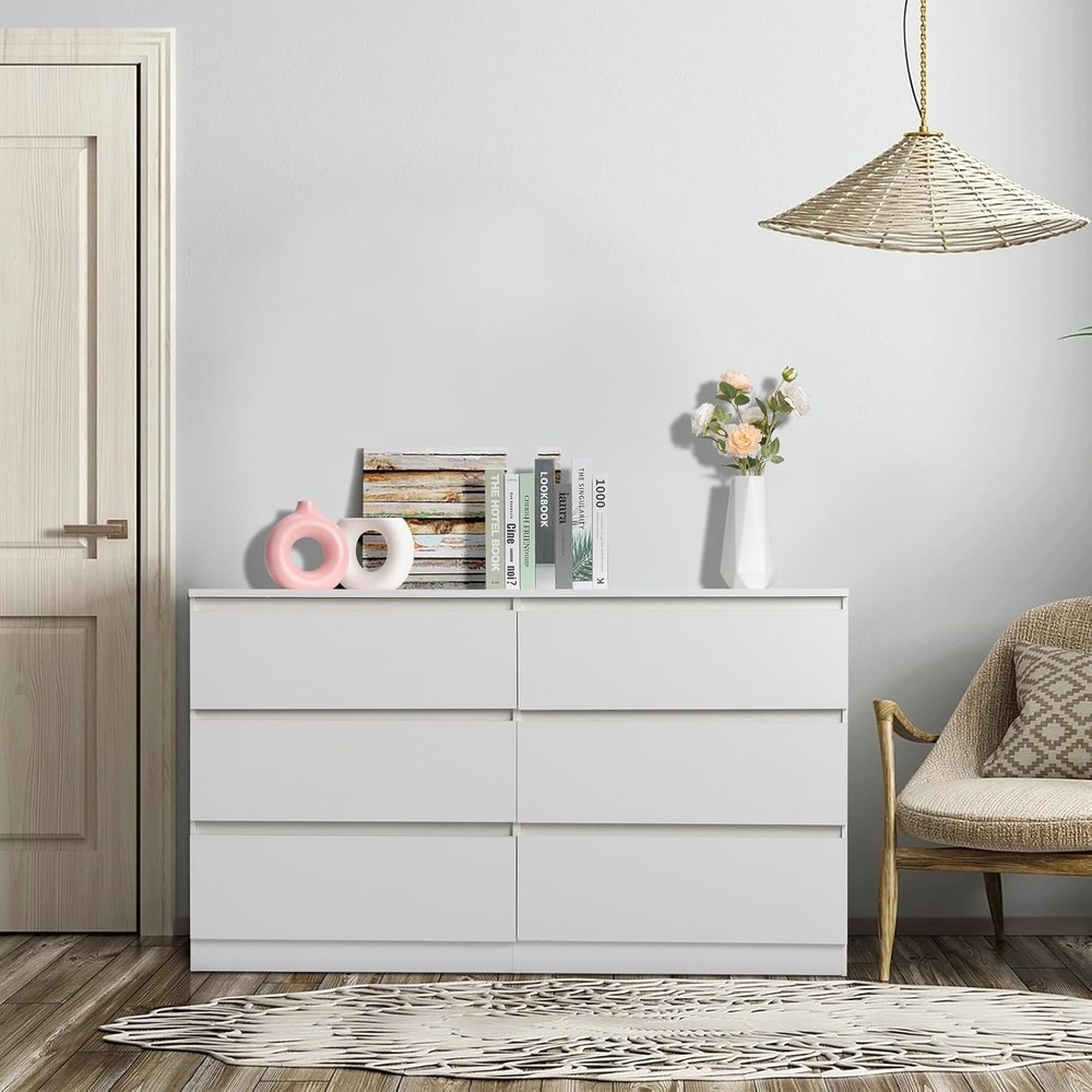 White 6-Drawer Dresser for Bedroom - Modern Chest of Drawers