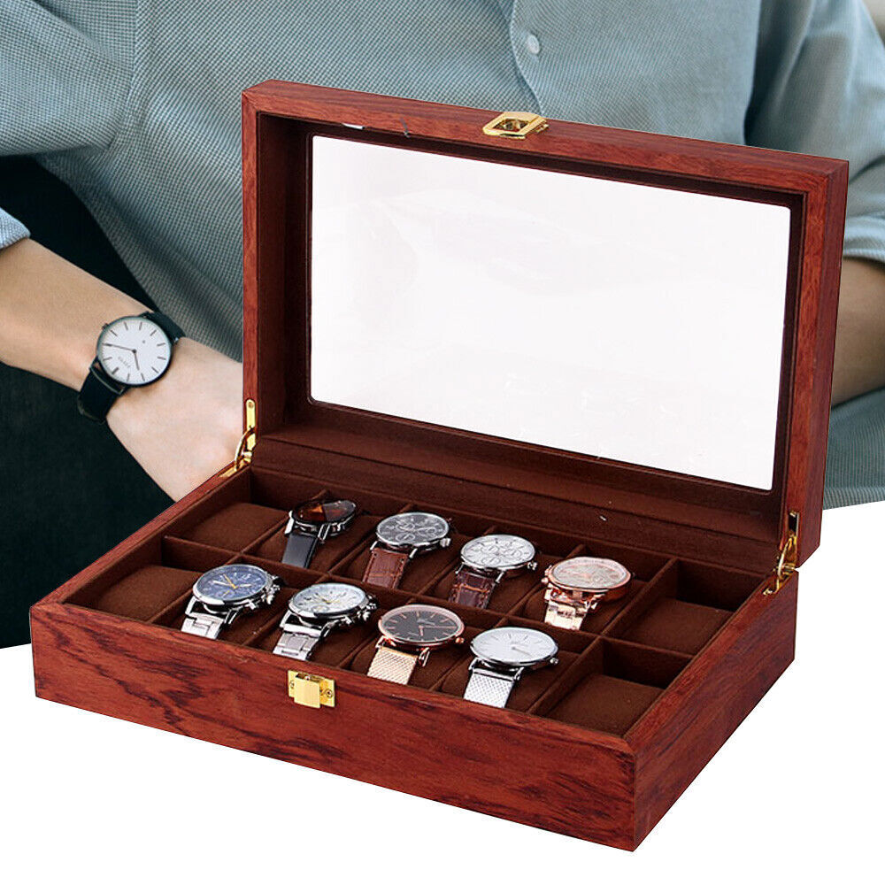 Vintage Wood Watch Box with Glass Top - 6 10 12 Slot Jewelry Organizer