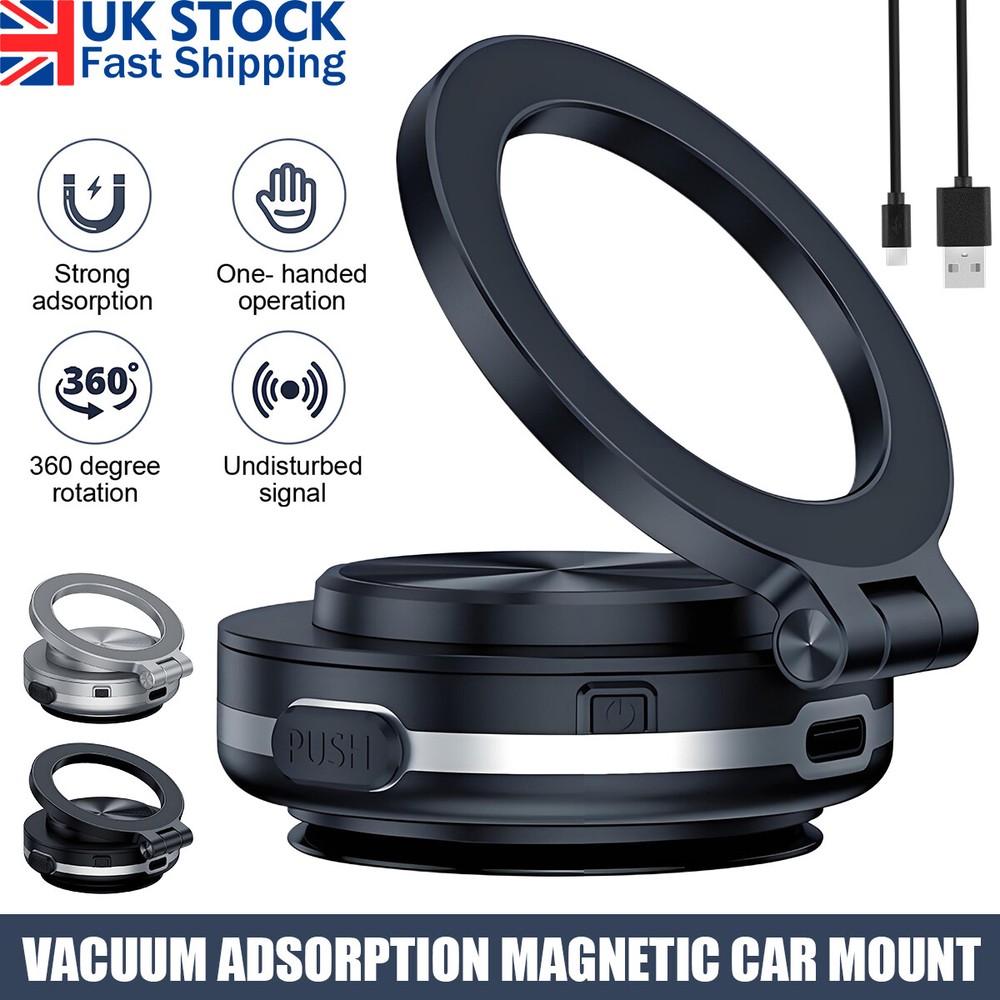 360° Rotating Magnetic Car Phone Mount - Black/Silver Vacuum Suction  
