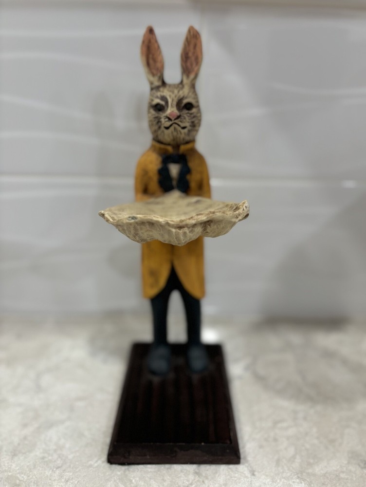 Carved Rabbit Holding Seashell Tray Business Card Holder, Key Holder, Decor