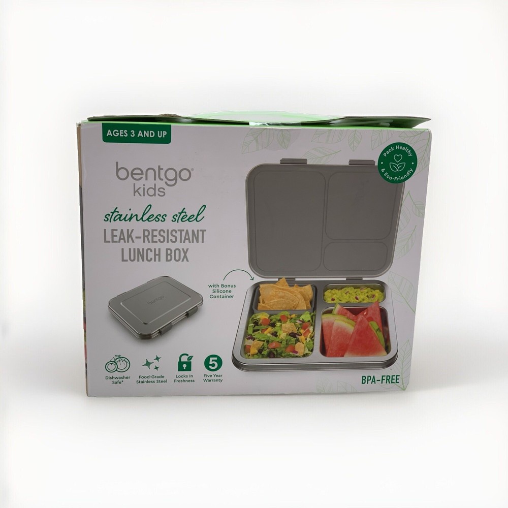 Bentgo Kids Stainless Steel Leak-Resistant Lunch Box Silver, BPA Free, 3 Section