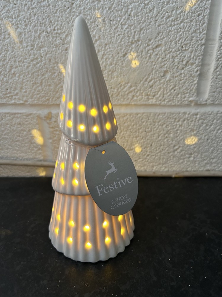 LED Light Up White Porcelain Christmas Cone Shaped Tree 20cm Tall Lantern Lamp