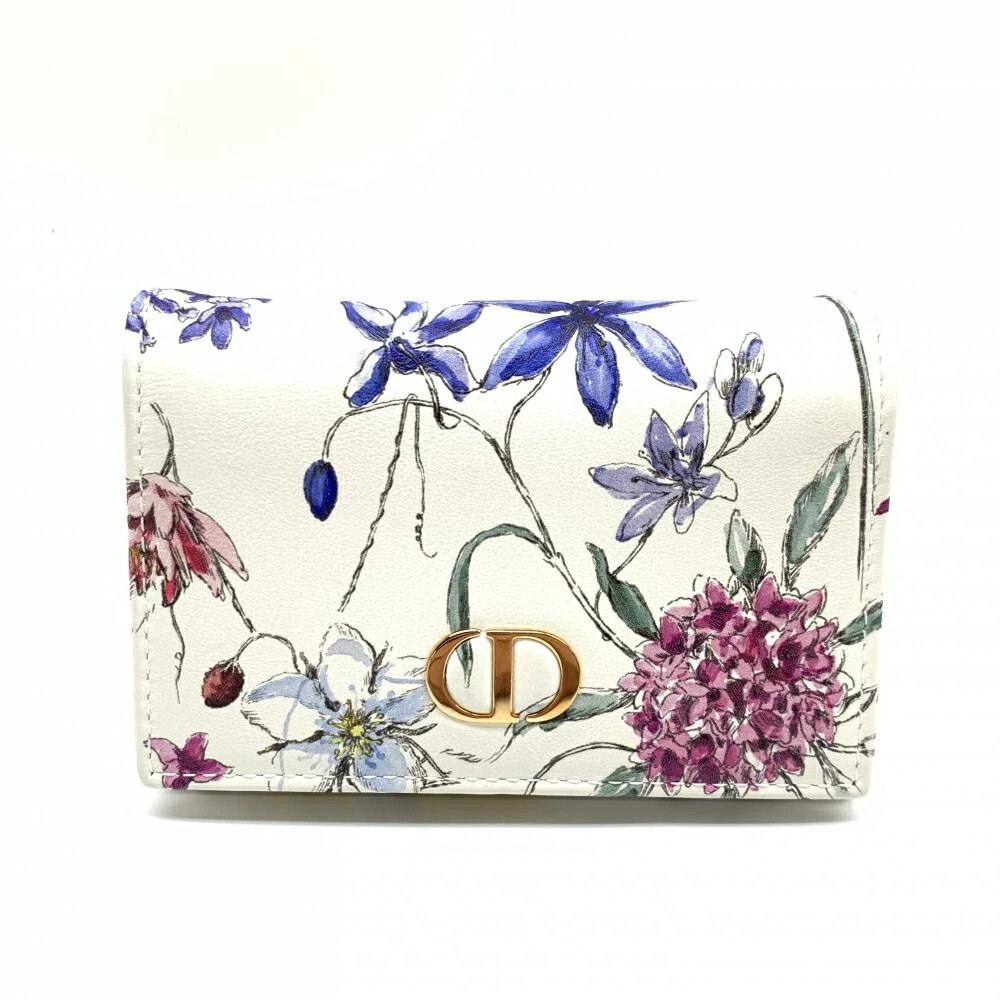 Authentic Christian Dior White Leather Floral Caro XS Wallet Coin Purse