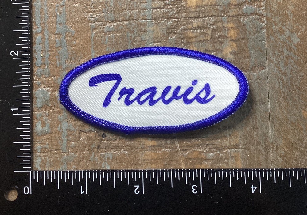 Vintage TRAVIS Name Tag Work Shirt Job Uniform Printed Iron-On Patch Blue