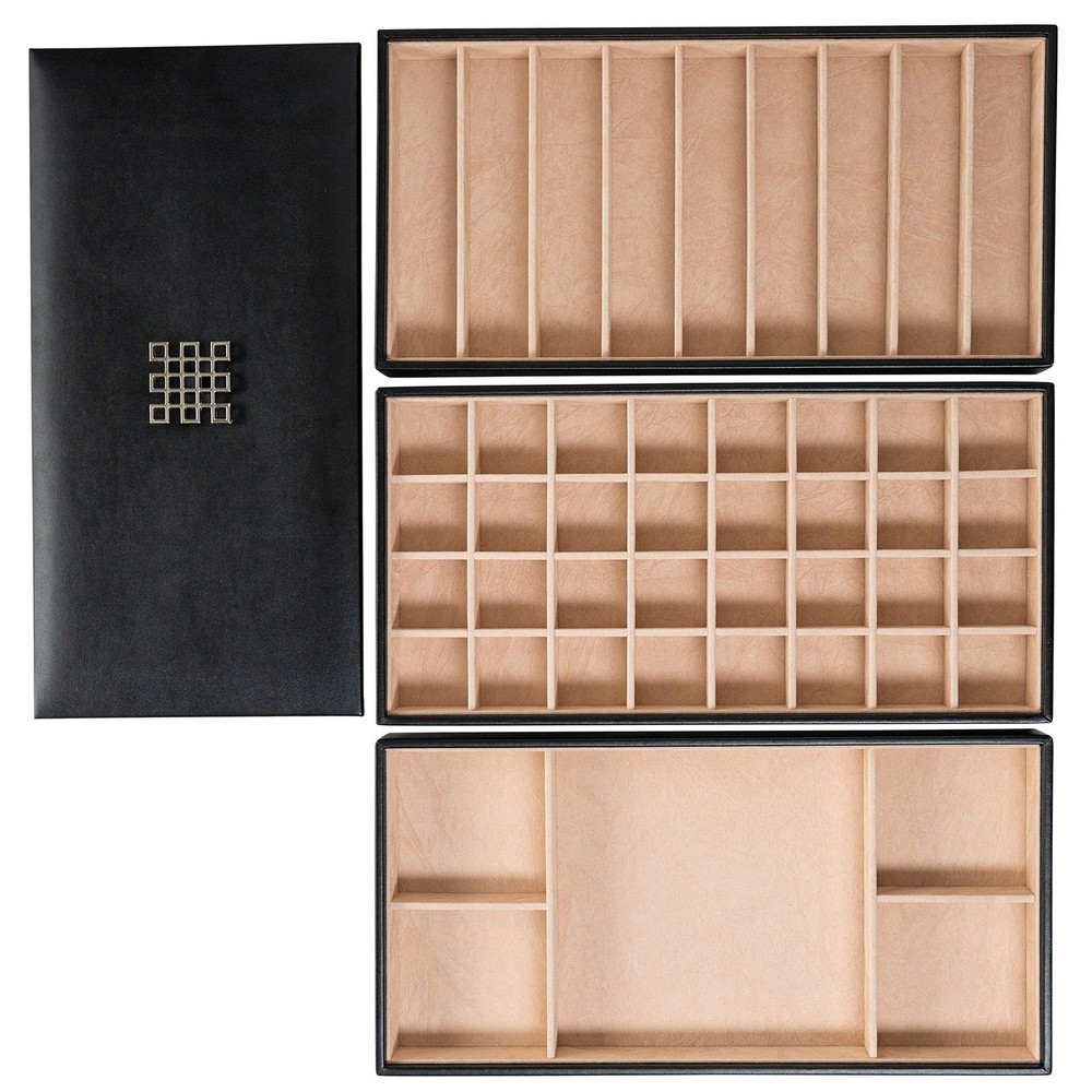Stackable Jewelry Tray Organizer with 3 Large Trays & Lid - 46 Slot Storage for Rings Earrings Necklaces