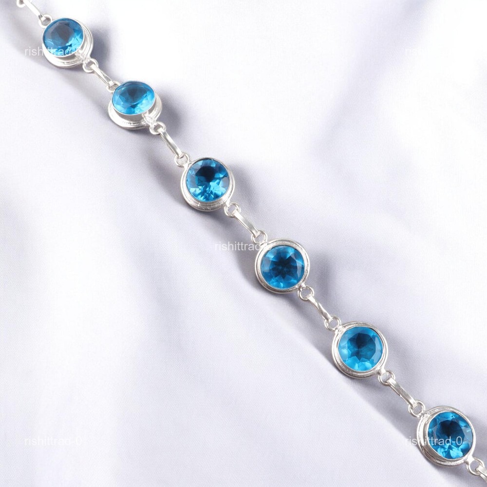 Sterling Silver Swiss Blue Topaz Stone Wife Chain Cyber Monday Bracelet Jewelry-image