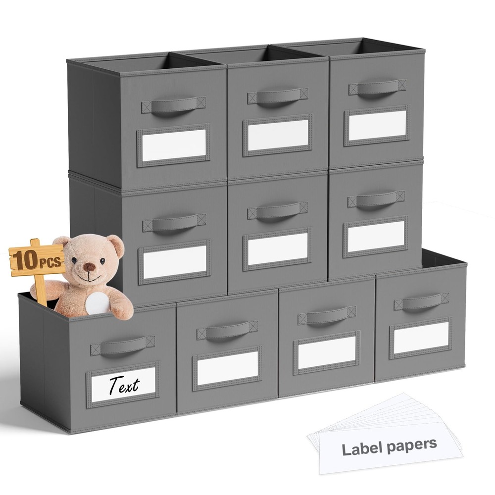 10-Pack Collapsible 11-Inch Fabric Storage Cubes with Labels