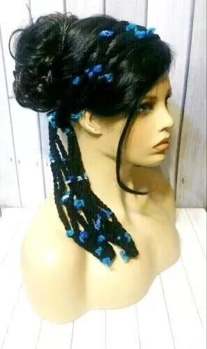crochet womans handmade gypsy boho headband scarf hair tie aurora blue USA made