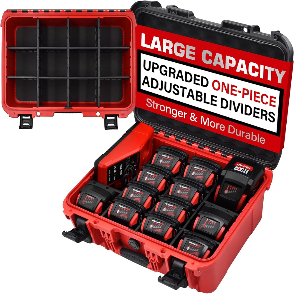 Case for Milwaukee Battery – Waterproof Extra Large Hard Storage Box with 8 Adju