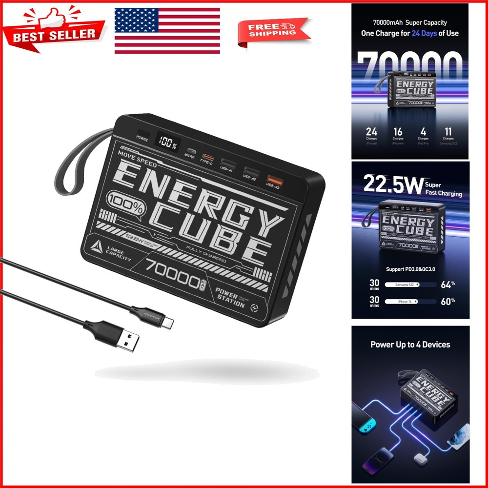 Premium 70000mAh Power Bank: Safe Fast Charging with Hand Strap & LED Display