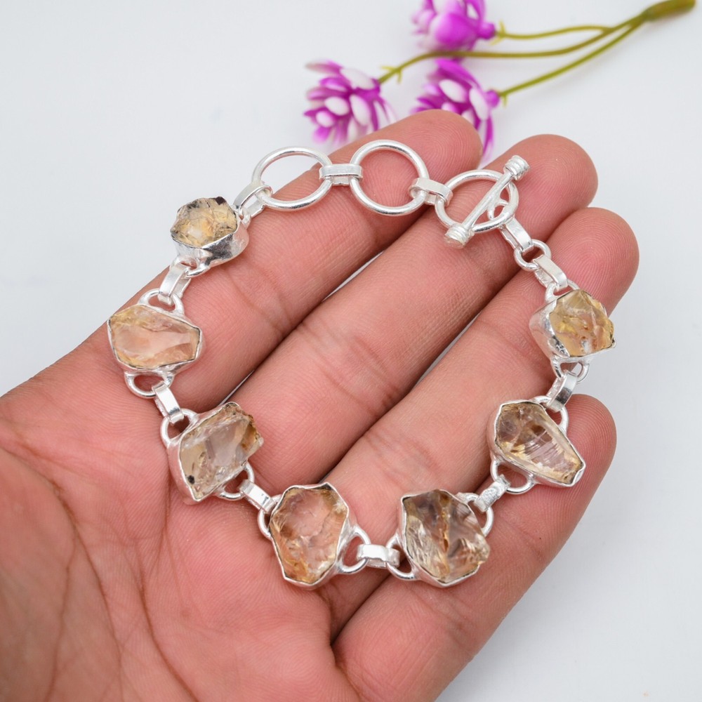 Natural Citrine Raw Gemstone Handmade 925 Sterling Silver Chain Bracelet