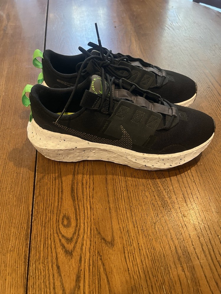 Nike Crater Impact sneakers, speckled white midsole and neon green accents. W 9