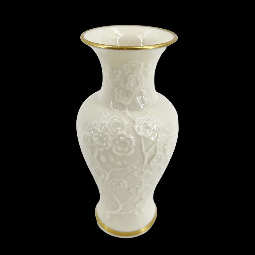Vintage Lenox Bone China Vase Raised Flower Cherry Blossoms 24K Gold Trim 6.25