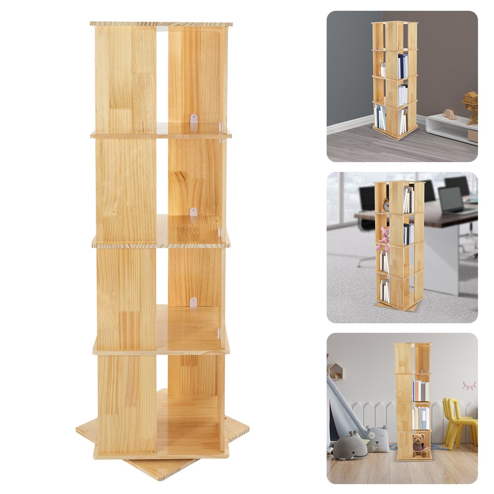 360° Rotating Wood Bookcase Display Shelf with Storage Rack Stand