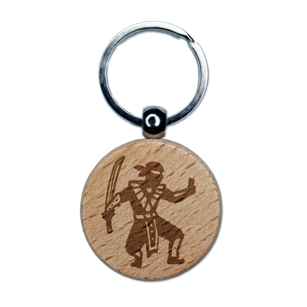 Stealthy Ninja with Sword Engraved Wood Round Keychain Tag Charm