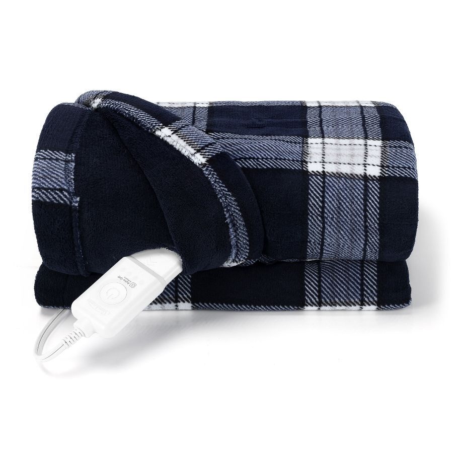 Throw Dublin Plaid Navy Microplush, 4 Heat Settings, 4-Hour Auto Shut-Off