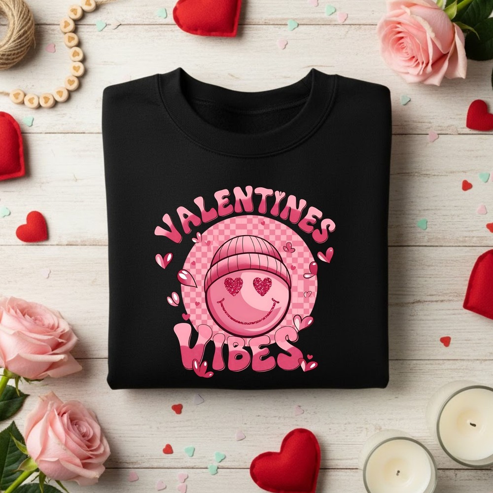 Valentines Vibes Hearts Sweatshirt Printed Retro Valentine's Day Gift Unisex Top