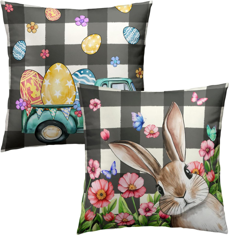 Set of 2 18×18 Inch Truck Eggs & Easter Bunny Themed Pillow Covers for Easter Decor