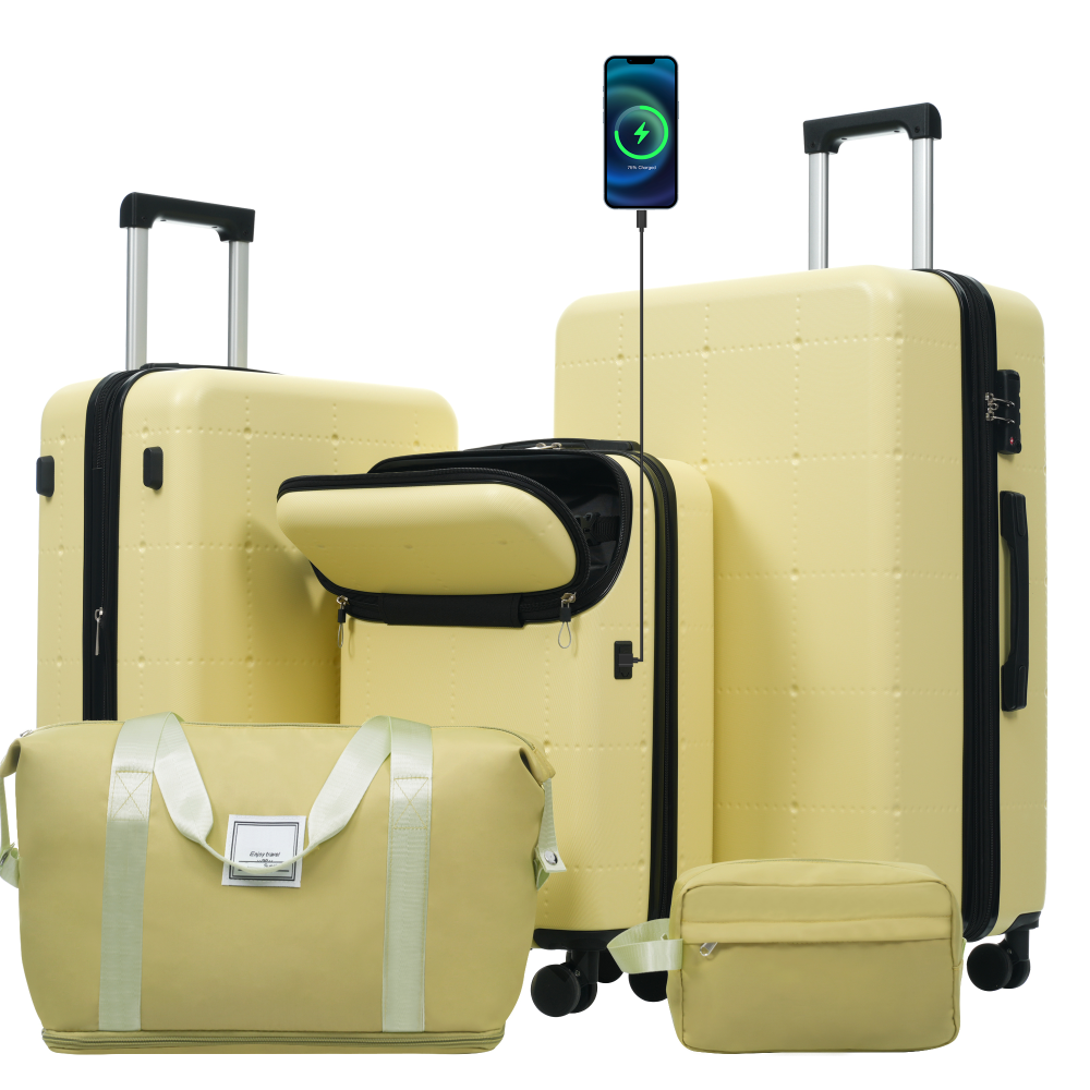 Hardside Luggage Set 5 Piece with Bags,20IN Half-opening Carry on Luggage USB
