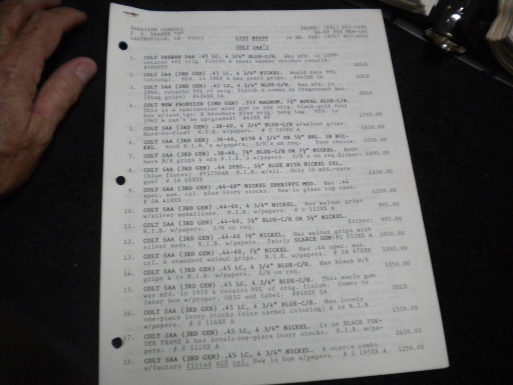 Harrison Carroll List 0499  S&W  Early Colt 1878 SAAs & D/A,Sale List,