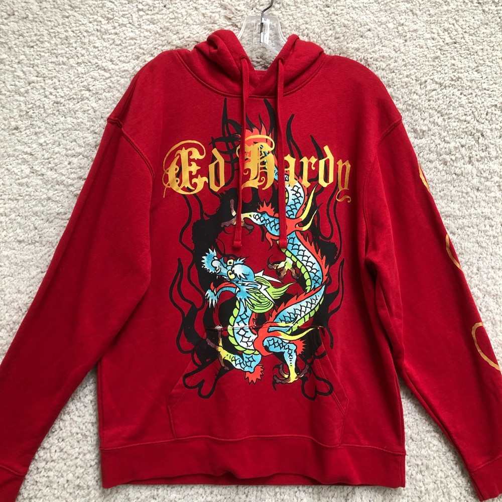 VINTAGE Ed Hardy Hoodie Large Adult Red Kill Dragon Slowly Skull Tattoo Y2K Mens