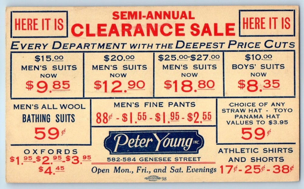 Semi Annual Clearance Sale Peter Young Inc Buffalo NY Advertising Postal Card-image