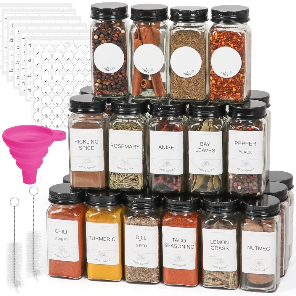48-Piece 4oz Glass Spice Jars with Black Lids & Labels - Airtight Kitchen Storage Containers