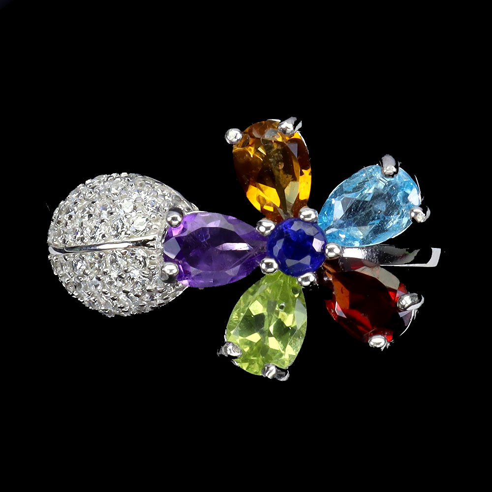 925 Sterling Silver Gemstone Ring Pear Amethyst Citrine Tanzanite Size 8.5