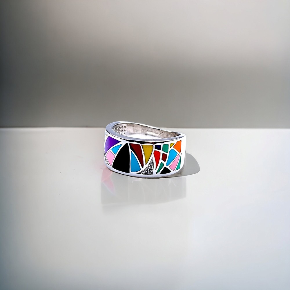 Multicolor Geometric Pave CZ 925 Sterling Silver Ring for Women