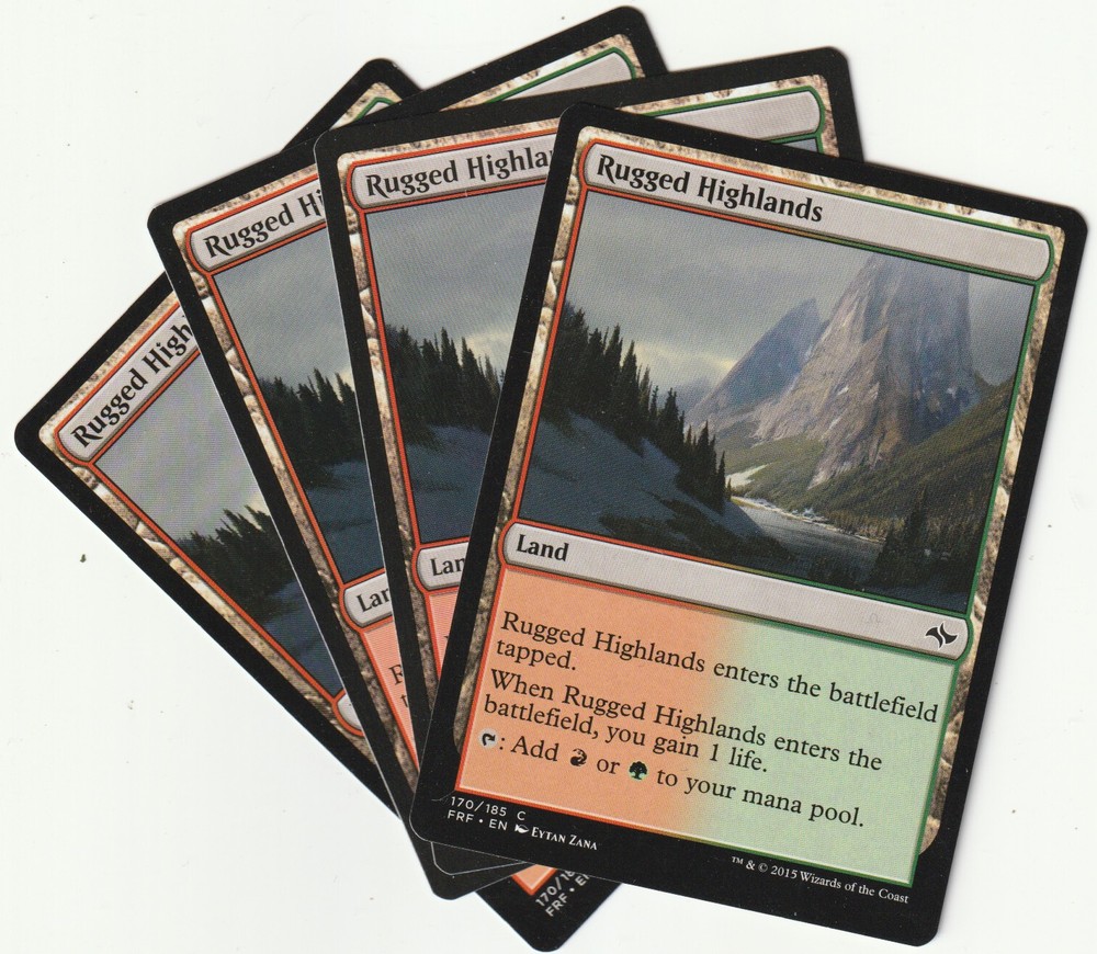 4 MTG RUGGED HIGHLANDS Nonbasic Land Playset - FRF/EN NM/EX Condition