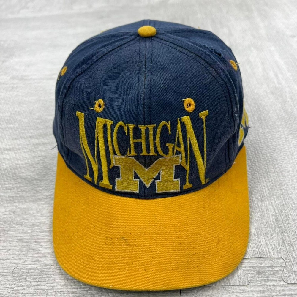 Vintage 90s Michigan Wolverines Snapback Hat Blue Yellow NCAA College Retro