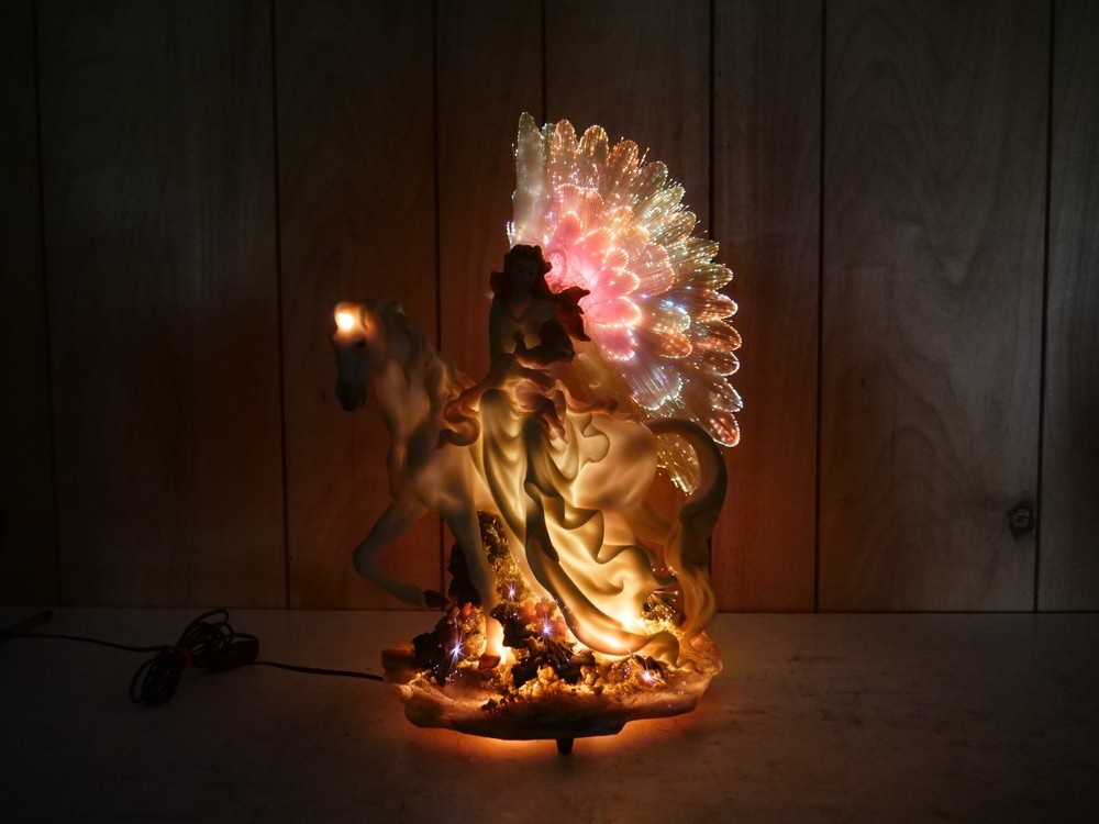 Fiber Optic Angel W/ Unicorn  Lamp Figurine Animated Moving Wings