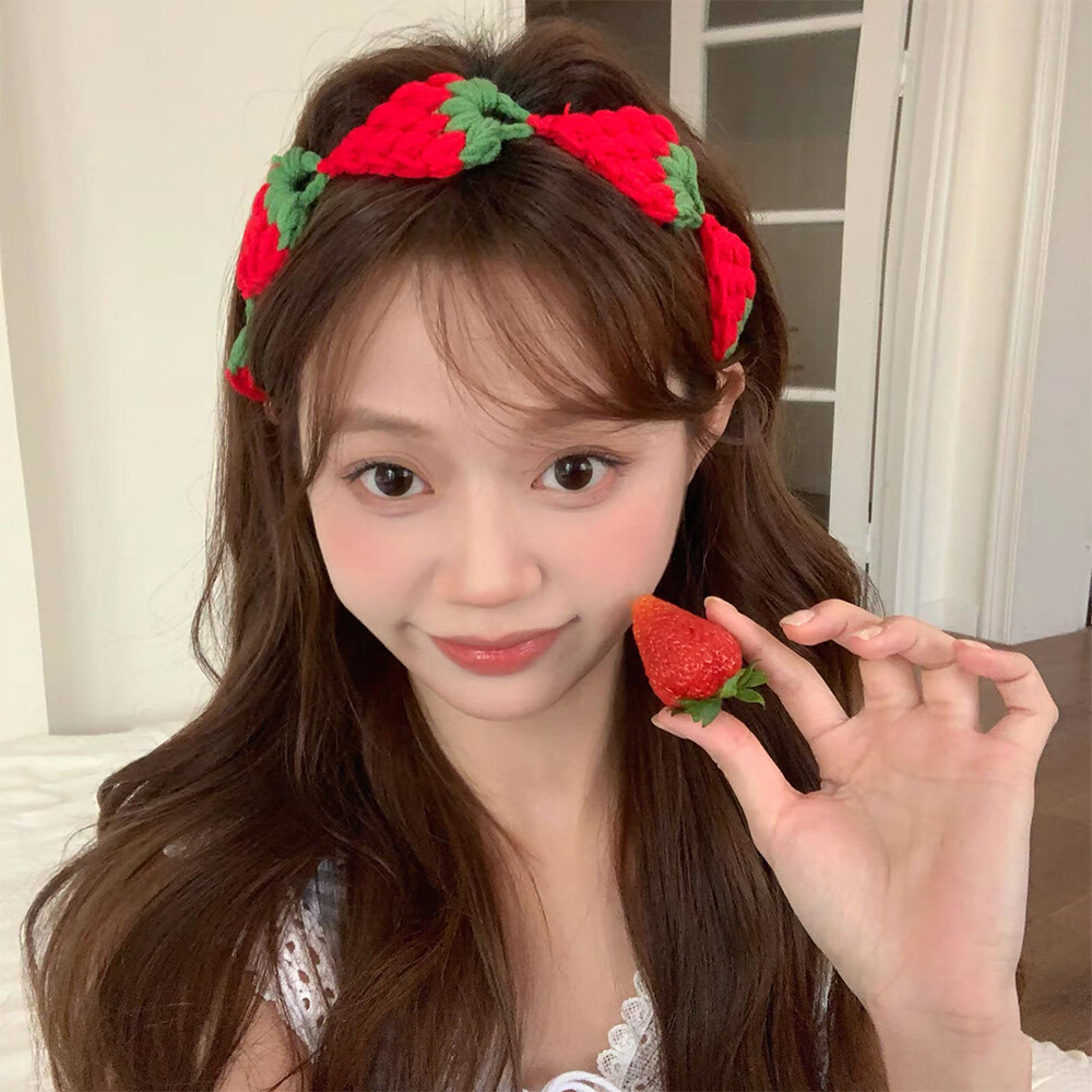 Handmade Strawberry Knit Headband with Lace-Up Detail