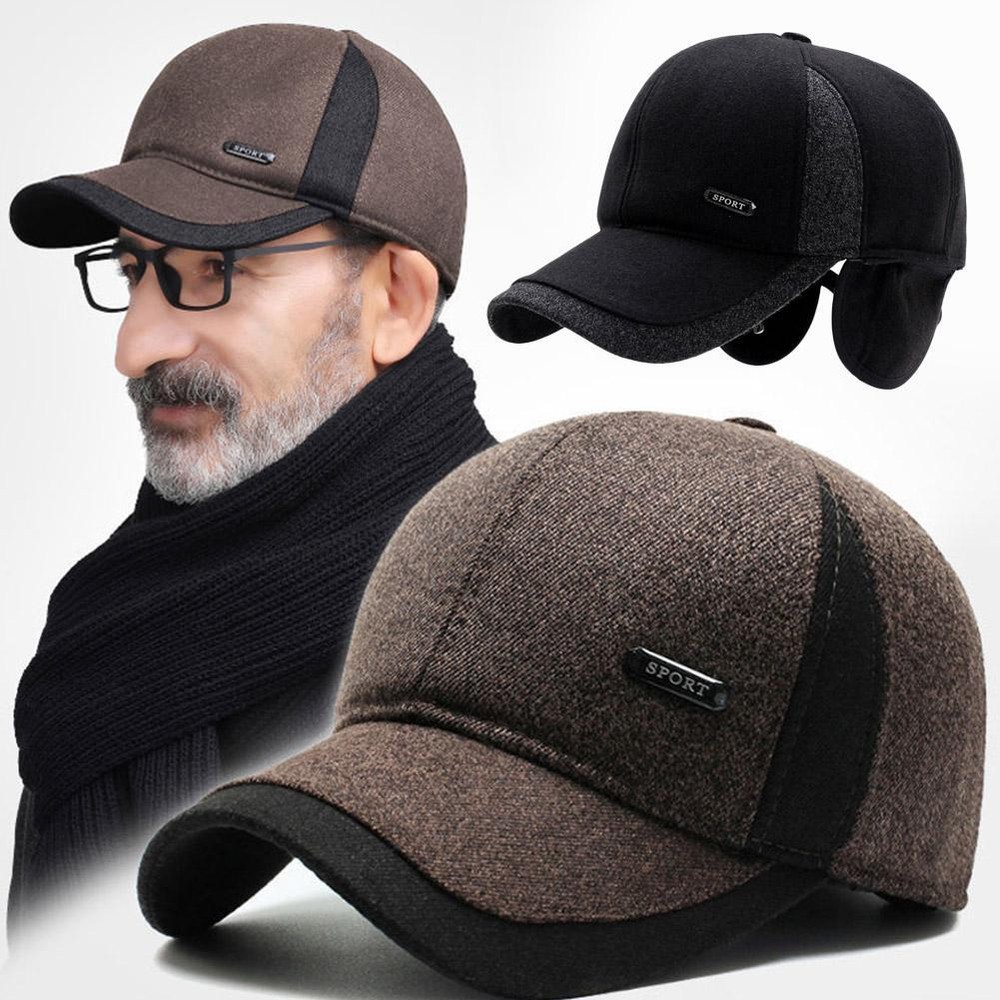 🔥Men Winter Baseball Cap With Ear Flaps Warm Cotton Snapback Cap Hat Plain