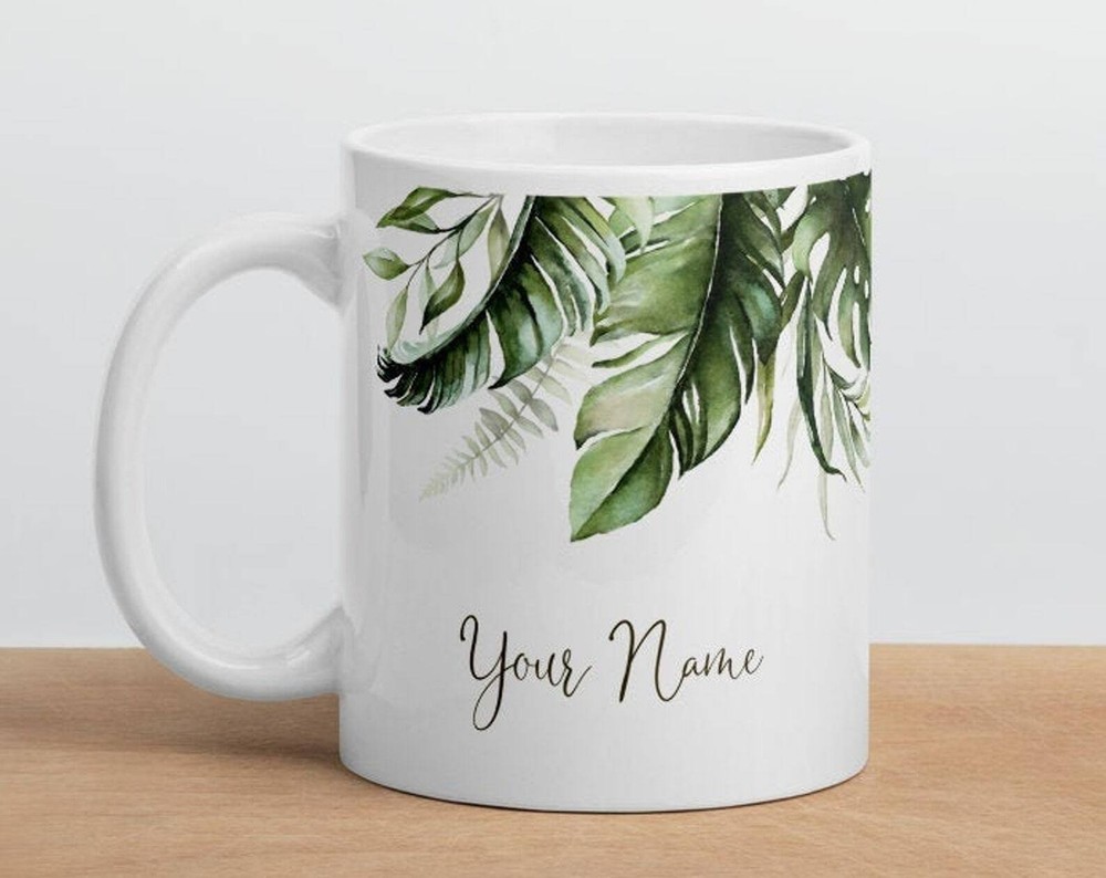 Personalize Custom Name Mug With Tropical Palm Jungle Leaves Cup For Sister Mom