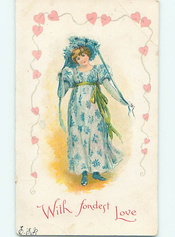 Pre-1907 valentine PRETTY ART NOUVEAU GIRL ALL DRESSED IN BLUE 60k cards HJ2190