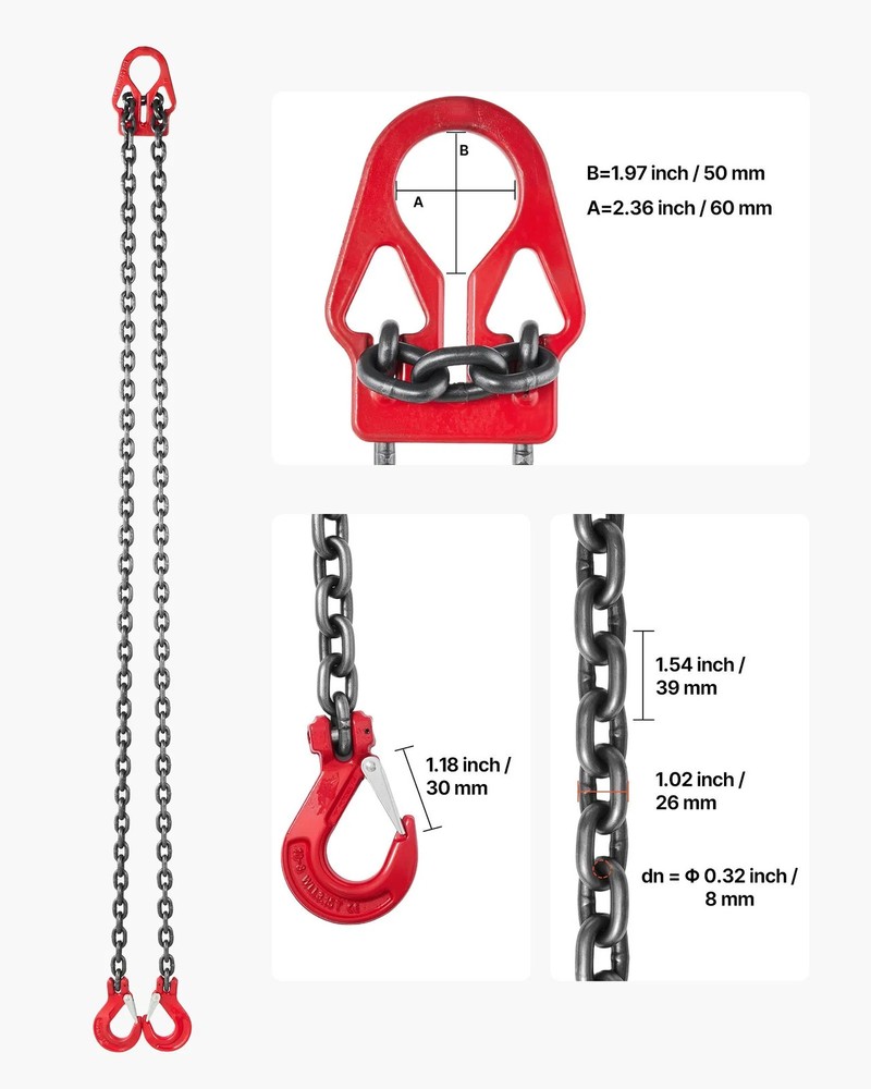 Chain Sling, 5/16 in x 10 ft Lifting Chains with 2 Leg Grab Hooks, Heavy Duty G8