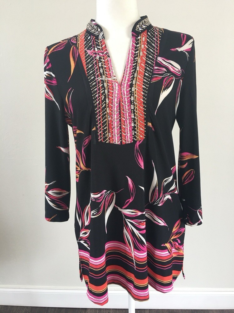 Studded Rhinestone V-Neck Leaf Print Tunic Blouse for Women Size S  