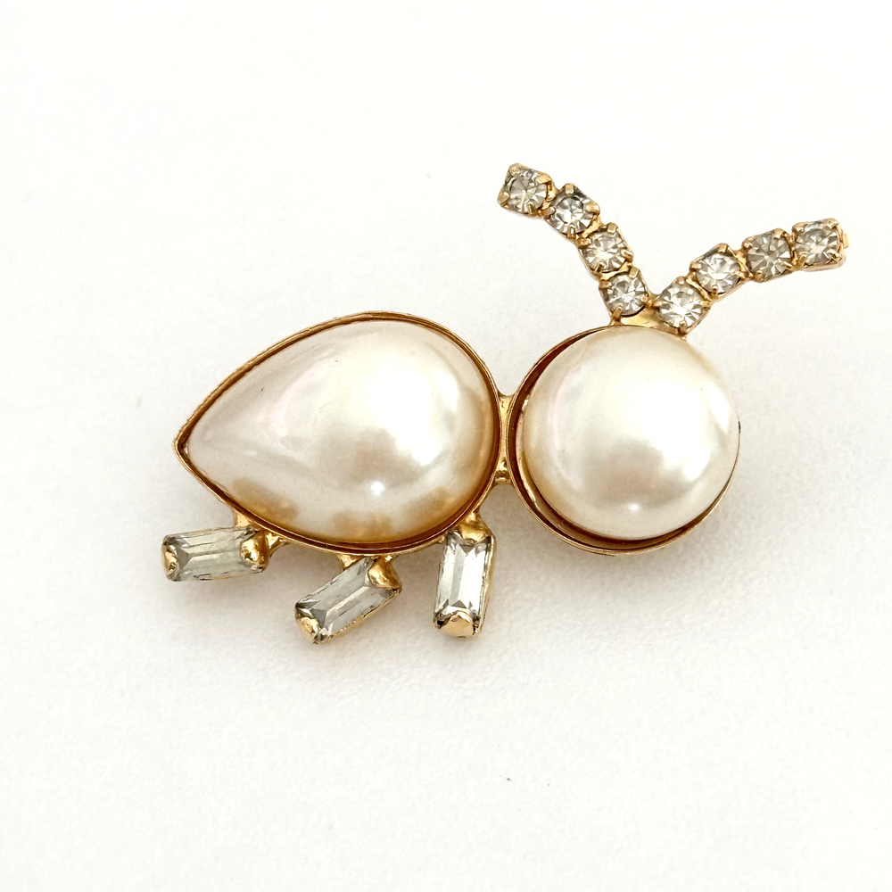 Vintage Jelly Belly Bug Brooch with Pearl Rhinestones and Gold Tone