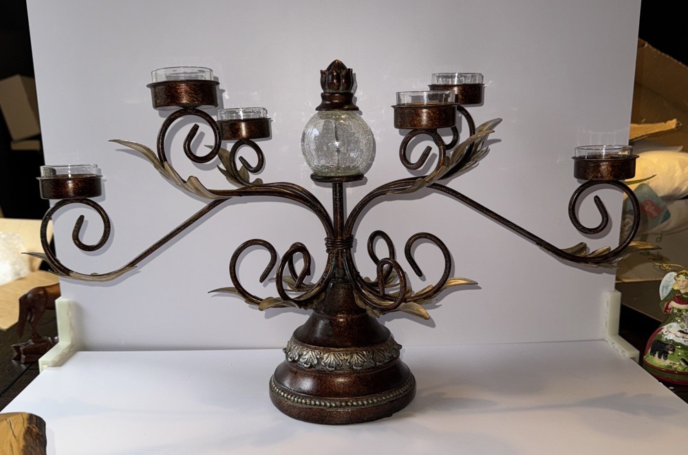Vintage Metal 6-Tea Light Candle Holder with Glass Centerpiece - 22