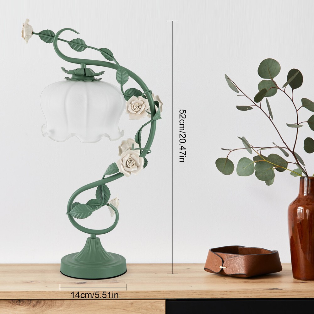 Elegant Green Flower Petal Table Lamp with Glass Lampshade for Bedroom or Bedside Decor